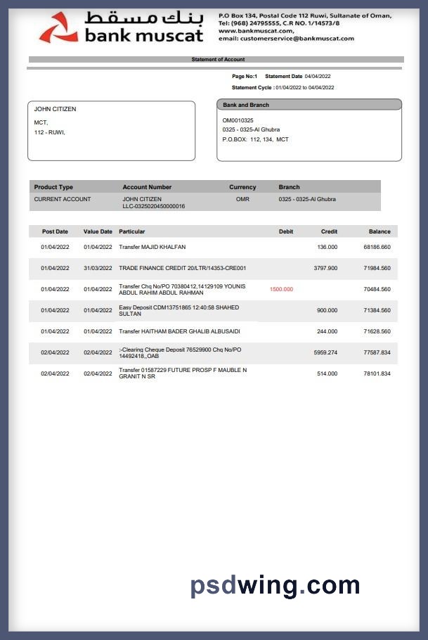 Oman Bank Muscat Bank Statement (Word)